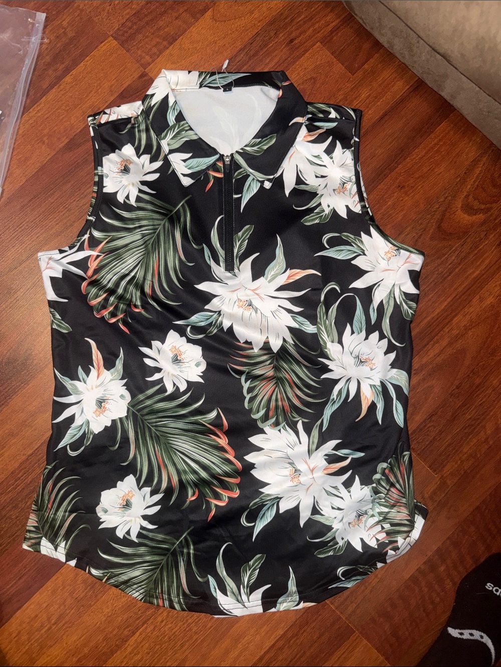 Sleeveless Floral Zip Polo Tank Top - Black